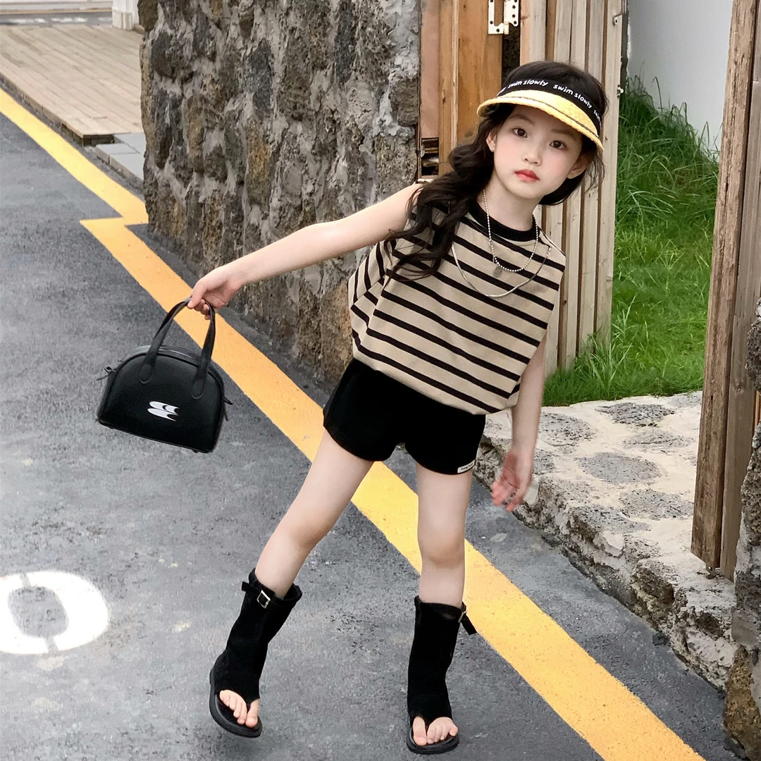 2025夏季新款女童韩系简约百搭条纹背心女宝时髦修身短裤套装