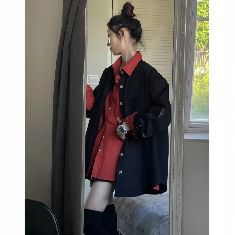 大吉大利橘红色衬衫+牛仔拼接外套春秋慵懒风高级感叠穿两件套女
