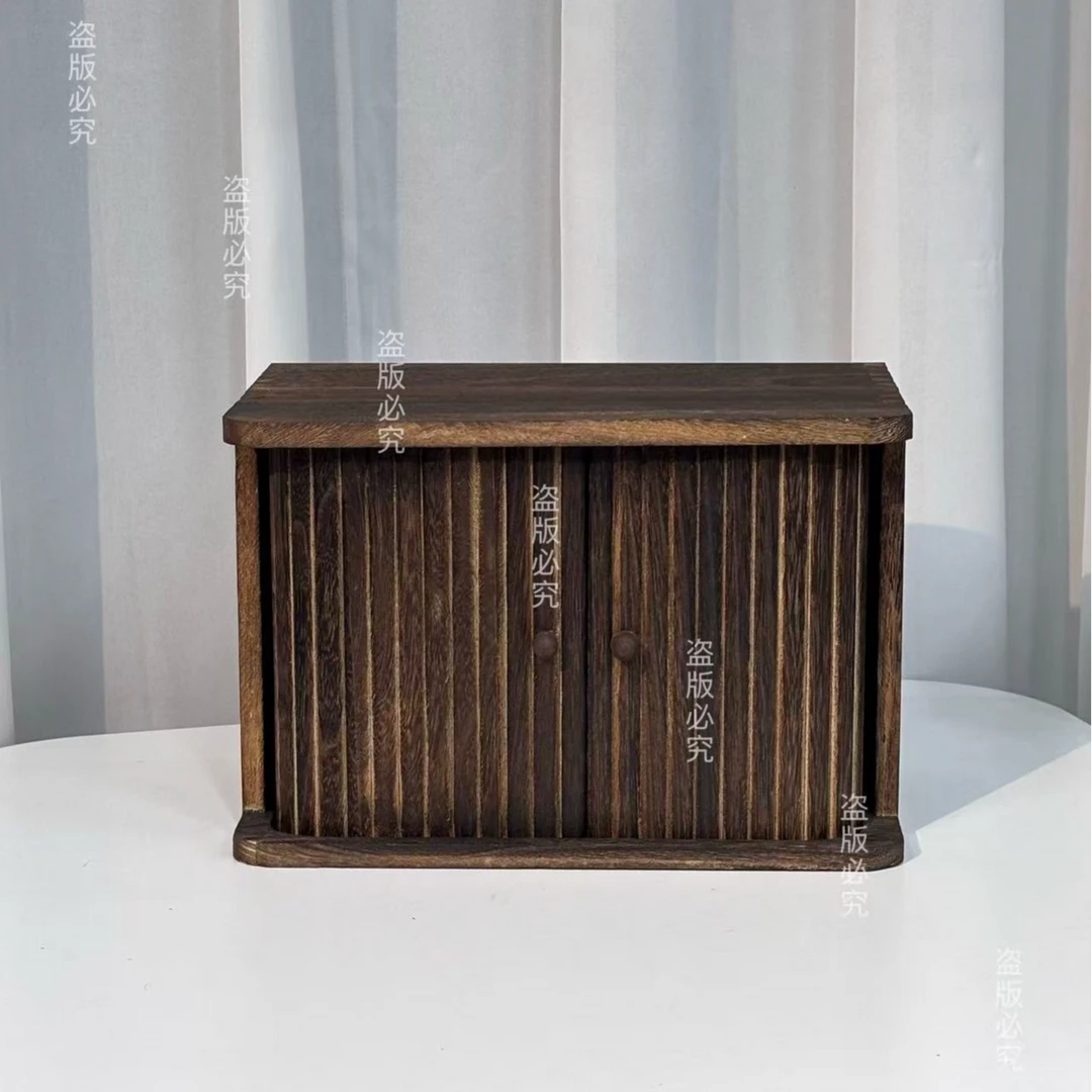 实木防尘卷帘门茶杯收纳架桌面收纳盒化妆品护肤茶具置物架1142