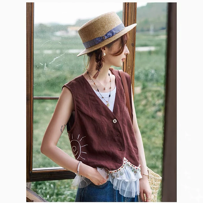 「白描工作间」"可露丽"亚麻天丝手工串珠设计感老钱风马甲女背心