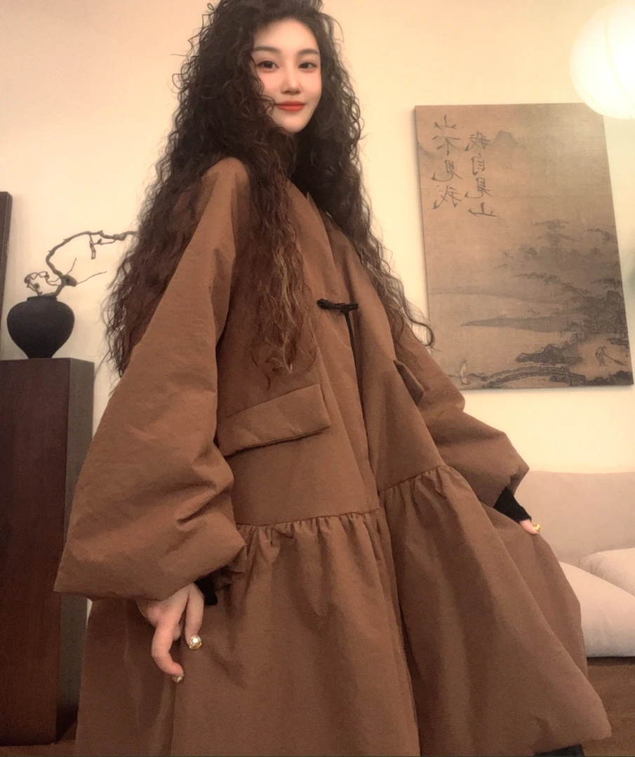 museguhui/木色古汇5398#纯色设计感百搭气质休闲时尚喇叭袖棉服
