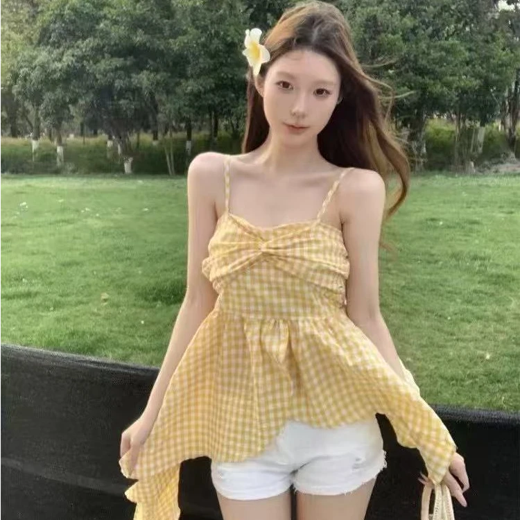 2025夏季新款大码女装套装甜美少女感不规则显瘦格子吊带+外搭