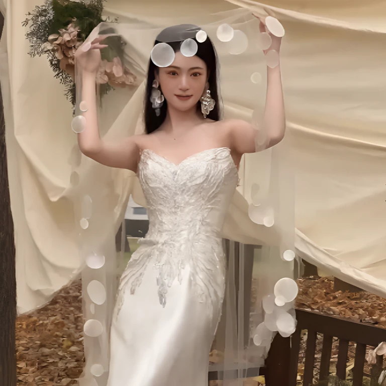 新款中短款贝母头纱新娘婚纱摄影楼旅拍样片外景造型清透拍照道具