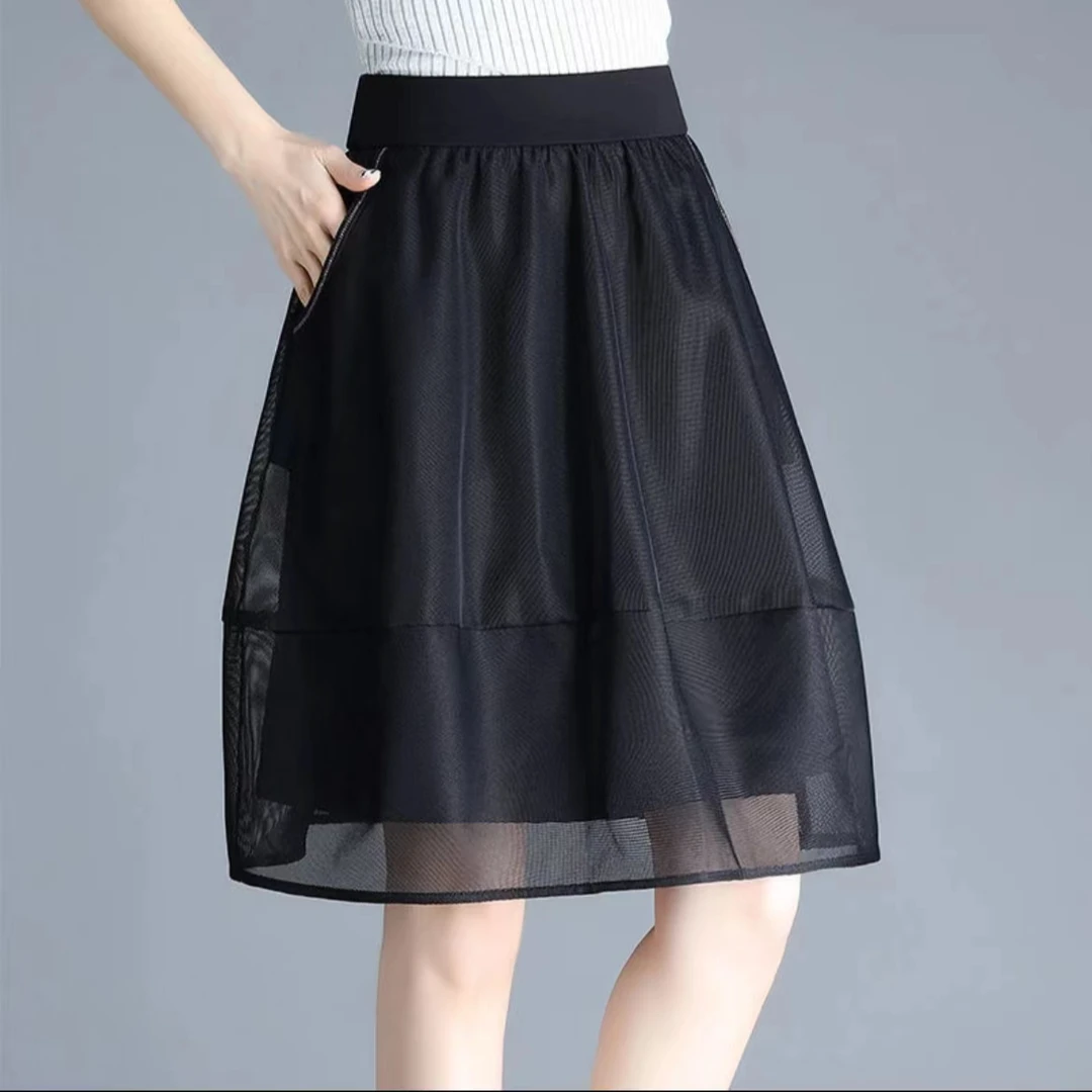 330商场专贵网纱半身裙灯笼中裙女黑色薄口袋花苞裙高腰