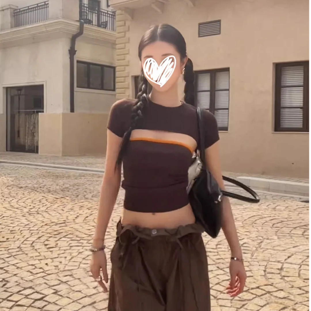 韩系辣妹设计感可拆卸短袖t恤女夏季小个子性感收腰chic别致上衣