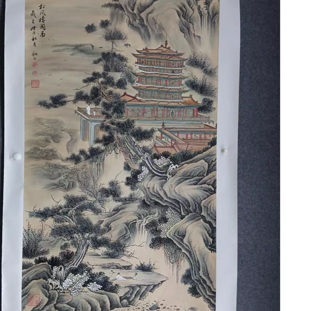 李新社手绘宣纸六尺竖幅松风楼阁图山水画
