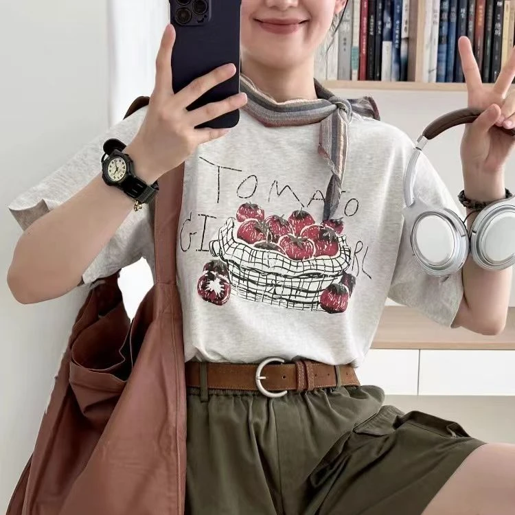2025独特漂亮初夏上衣韩系chic时髦简约白灰色果篮印花短袖T恤女