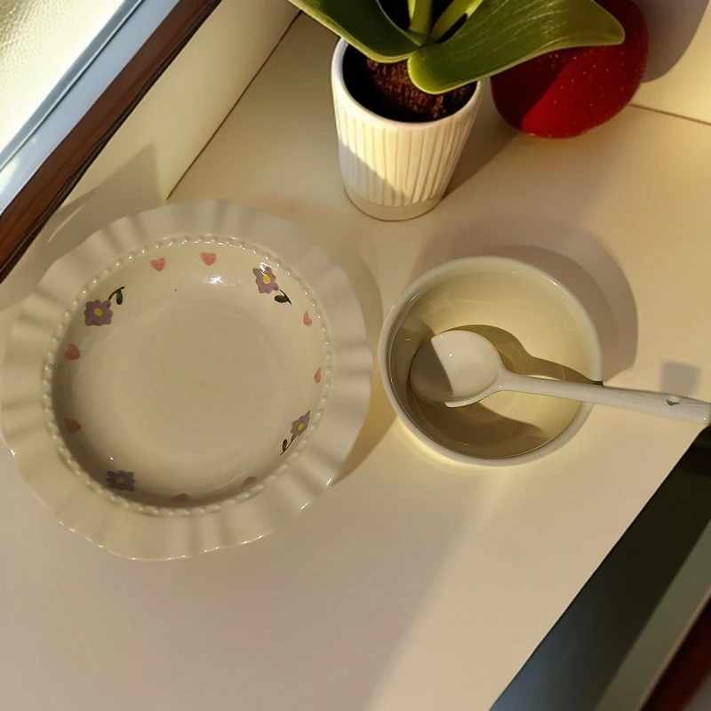 紫藤花1碗1草帽盘1勺家用餐具套装釉下彩陶瓷餐具米饭碗菜盘子