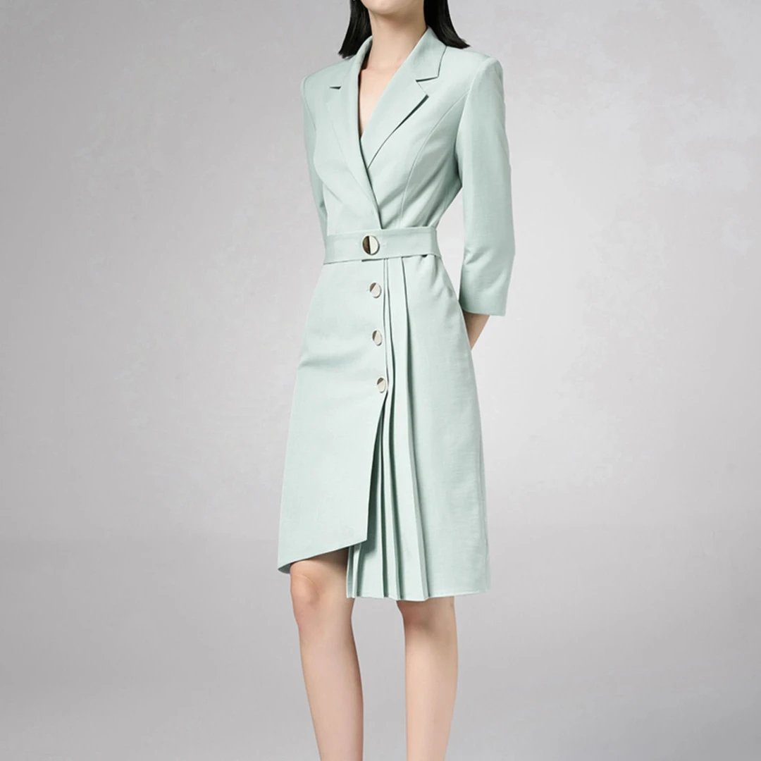 L21599高级感绿色西装连衣裙夏季时尚气质工作服通勤职业装女裙Z