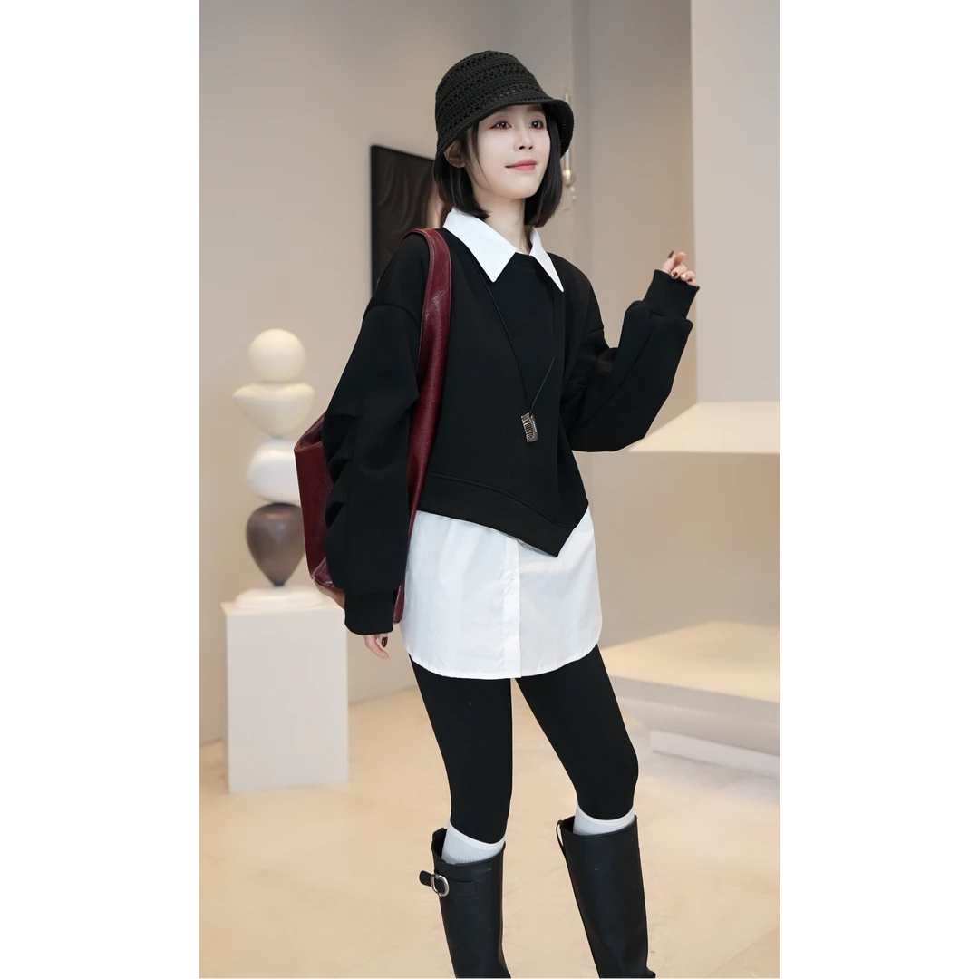 少量现现【YUE YUE】早春假两件宽松衬衫领拼接卫衣长袖上衣W997