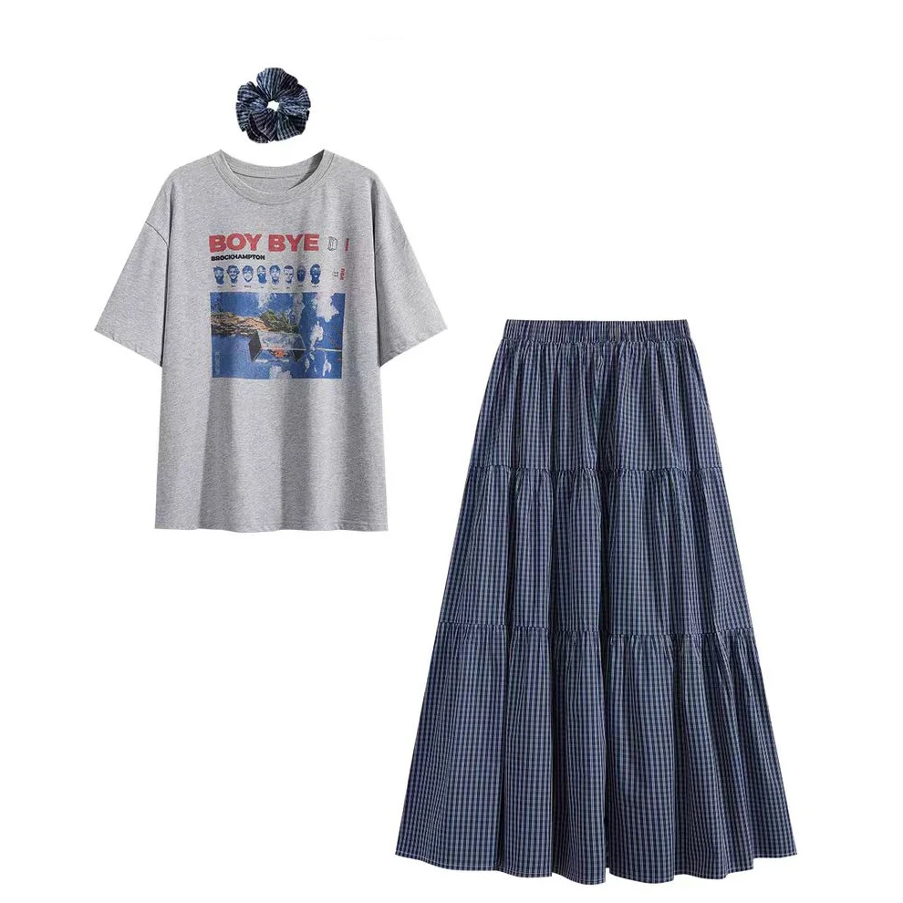 2025春季新复古字母印花短袖T恤女配格子半身裙头花三件套A1258