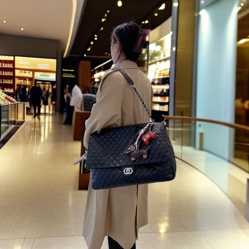 diy款网红大容量机场托特包女2025新款包包单肩斜挎包菱格链条包