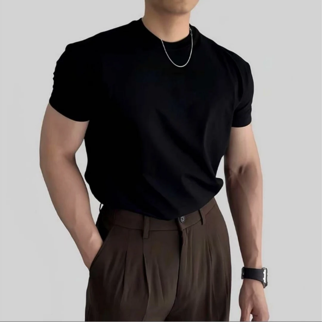 夏季2025新款韩版正肩短袖T恤男士上衣潮流圆领修身百搭纯色t恤衫