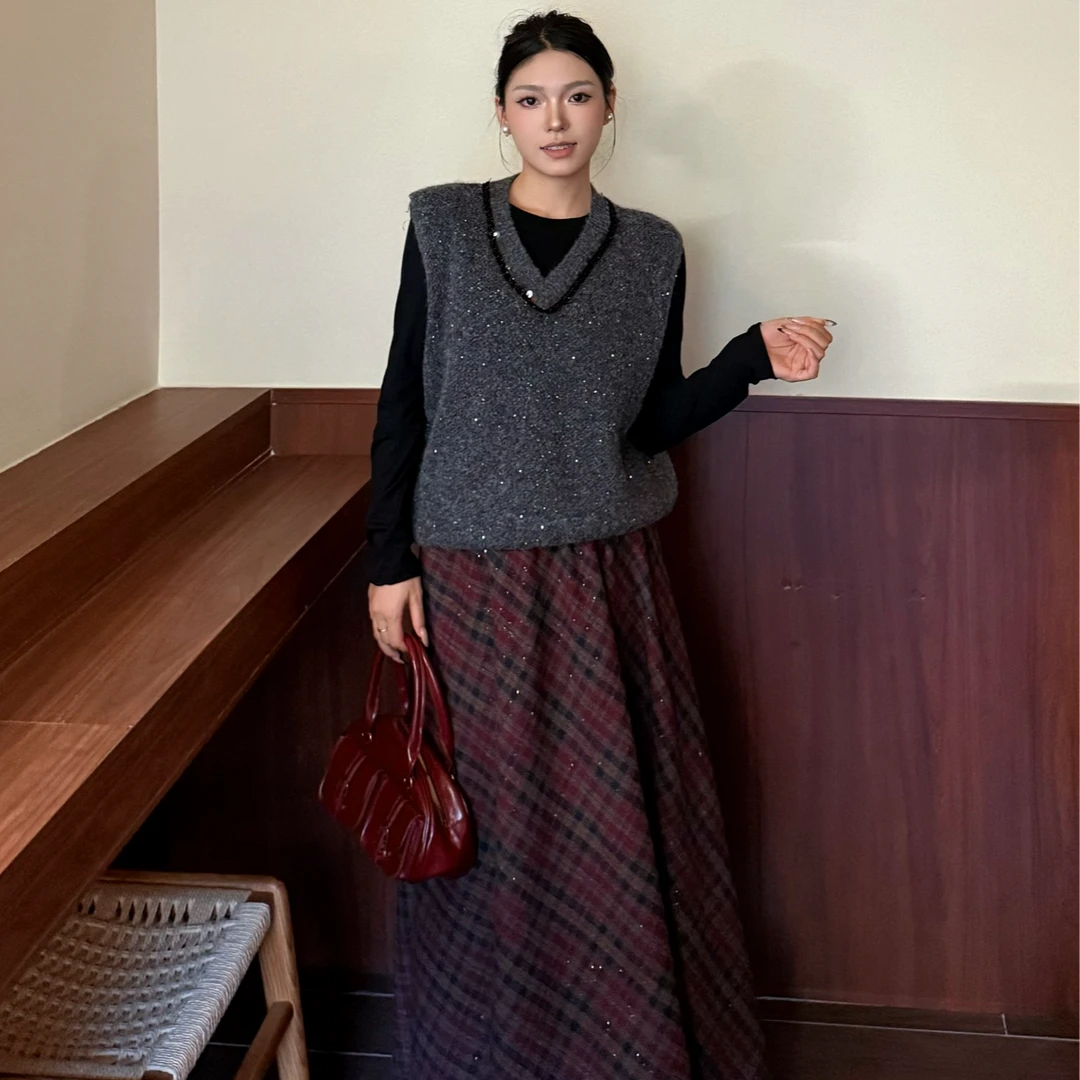 高级气质感显瘦保暖女格纹半身裙8660