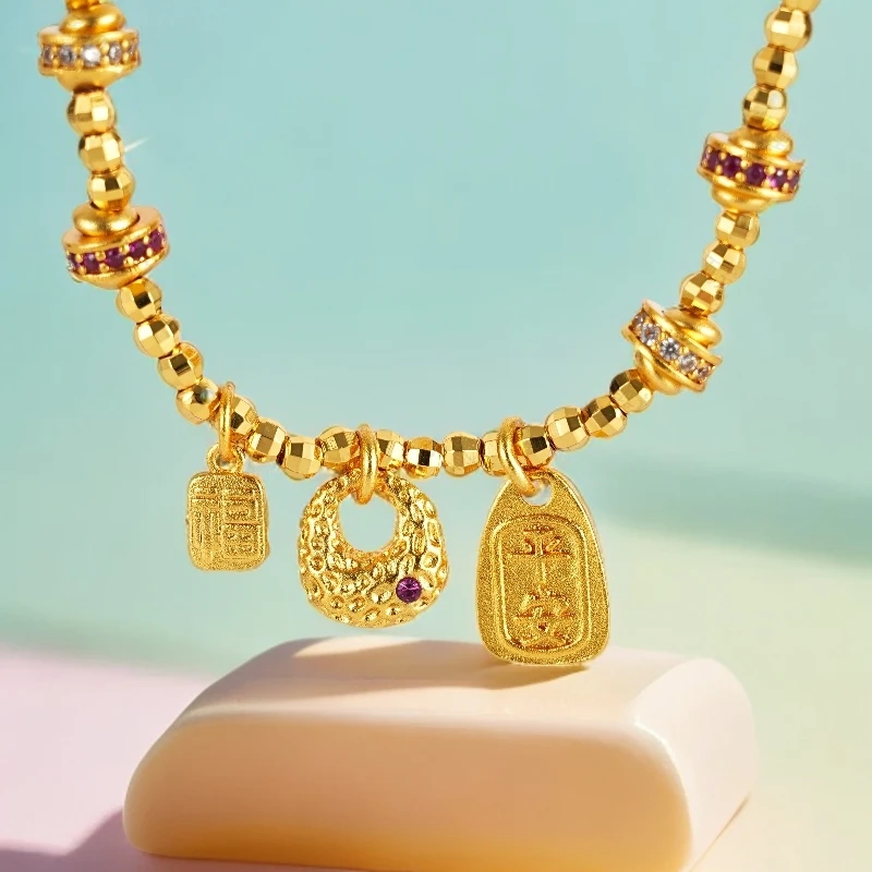 合金琉璃手链 平安是福手工锤纹小金沱手链