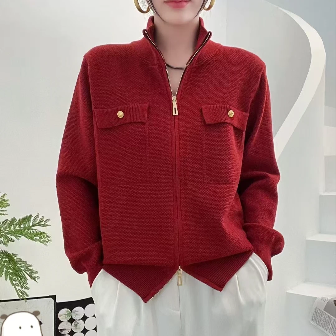 A14  厚外套秋冬新品显瘦气质百搭金扣拉链羊毛衫