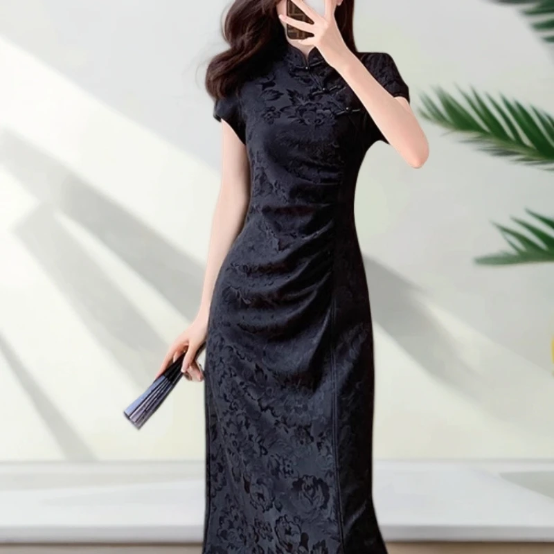 赫小本香风新中式复古名媛气质短袖提花连衣裙小礼服旗袍高级黑色