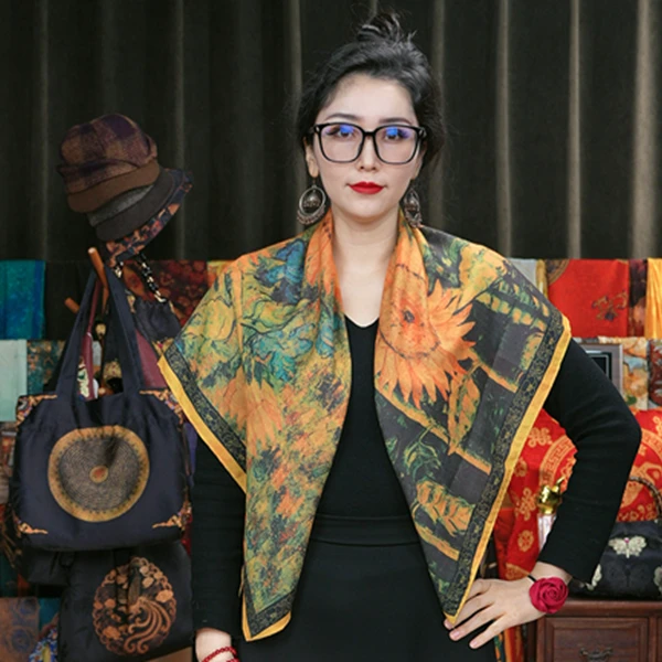 【90丝毛  鎏金向日葵】丝巾围巾高级披肩送礼复古国风双面9月