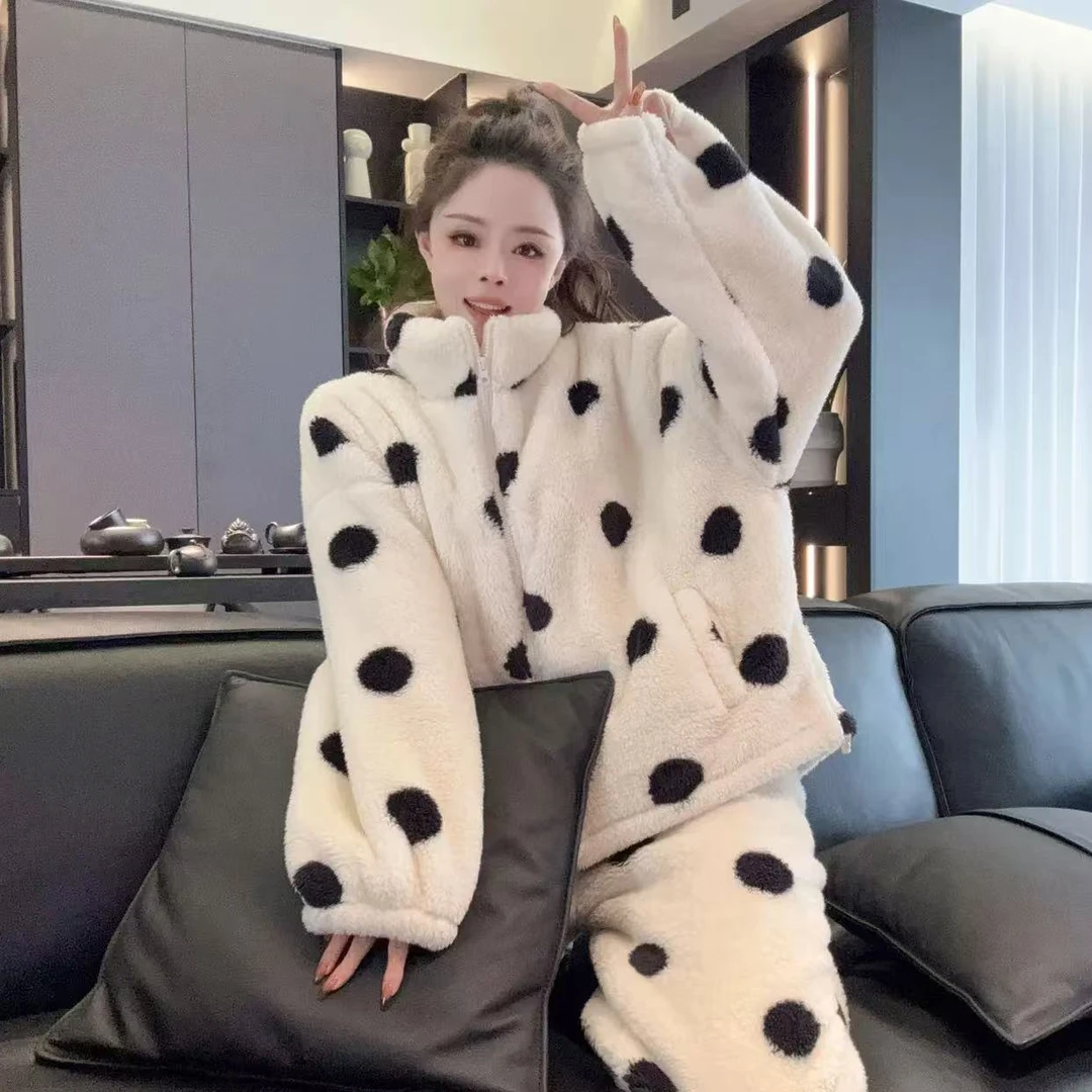 法式波点长裤睡衣长裙家居服套装成人条纹青年中长裙高领