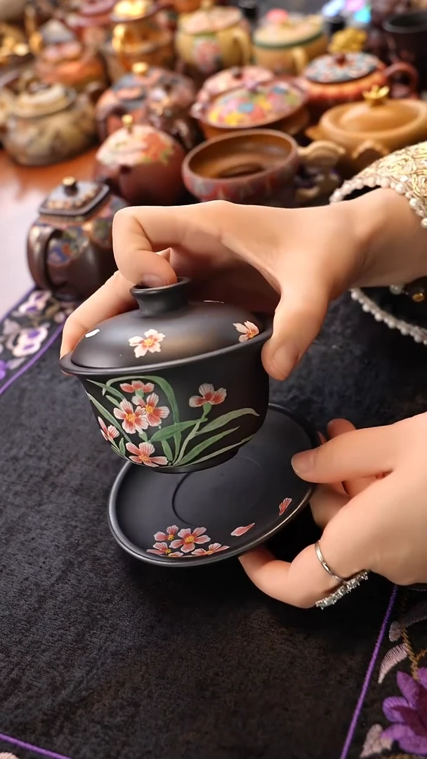 茶壶紫砂兰花盖碗