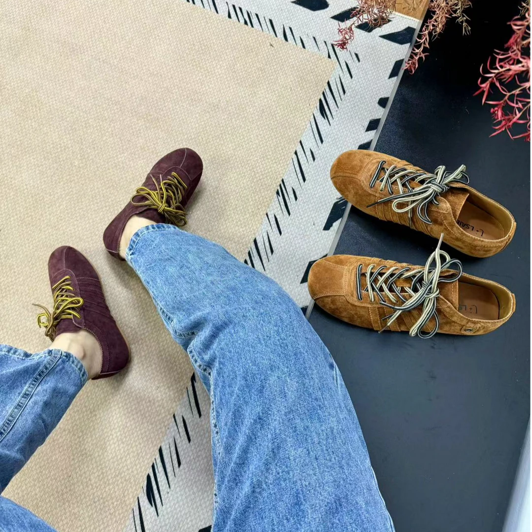 VEEFSHOW 9921-1 圆头系带反绒德训鞋女运动休闲鞋复古百搭阿甘鞋