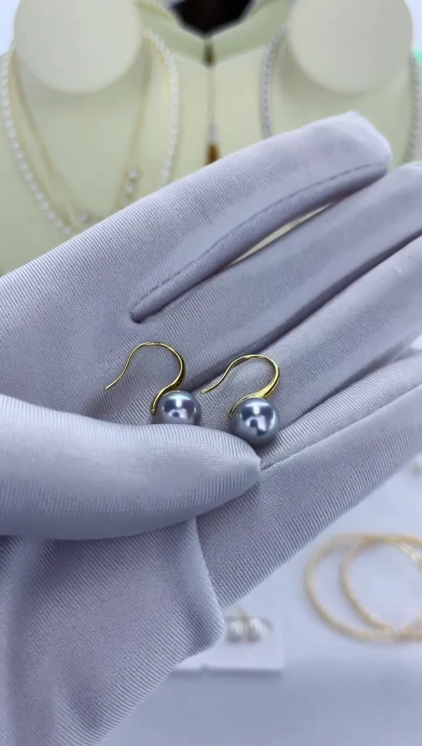 18K金镶嵌DA海水珍珠灰珠高跟鞋耳钩7-8MM X034