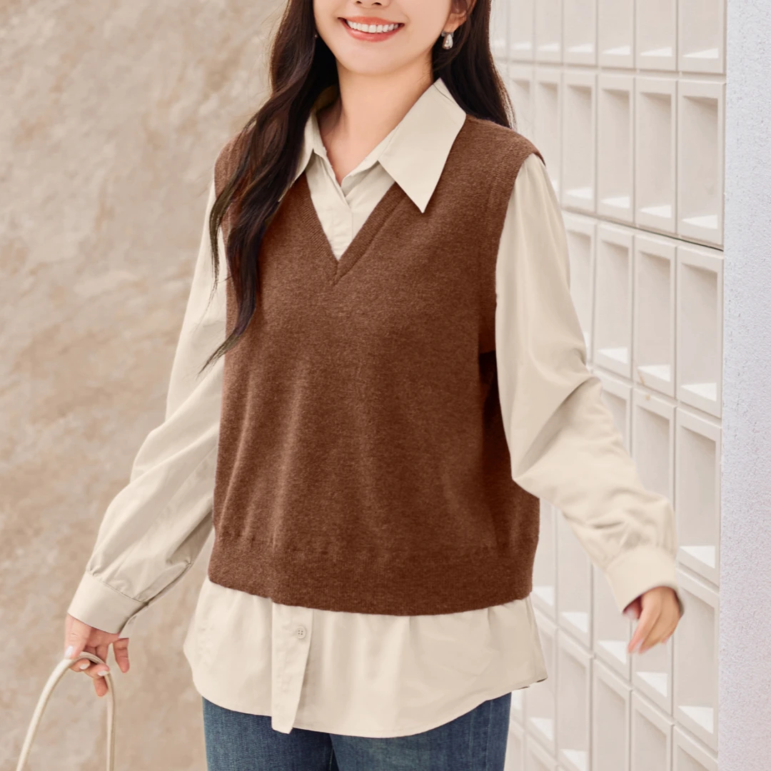 【36支迷你兔绒纱】MsShe大码女装2025秋风假两件撞色毛衣Q2508021