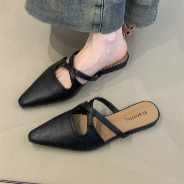 BS-H868-3复古时尚交叉包头半拖鞋尖头浅口无后跟防滑穆勒凉拖鞋