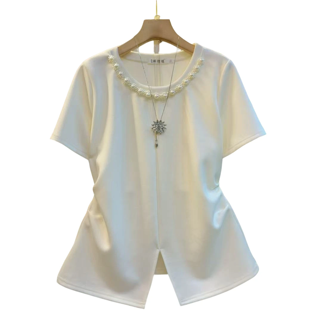 时尚正肩T恤开叉百搭气质宽松轻奢洋气短袖（长60左右）