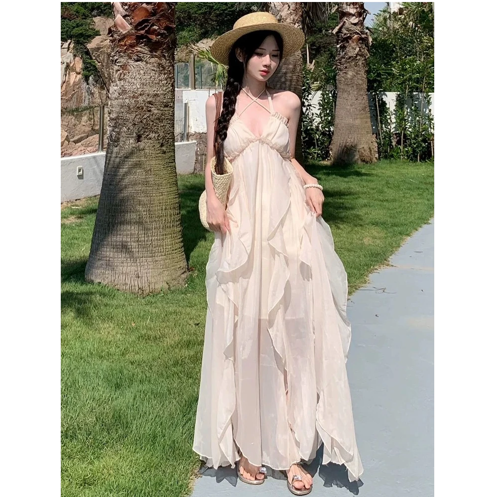 法式性感挂脖吊带连衣裙仙女夏季气质三亚拍照海边度假沙滩长裙子