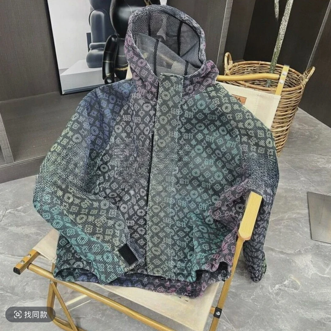 2025春夏新品男士潮牌双纱鱼网格连帽镂空透气防晒衣夹克6070