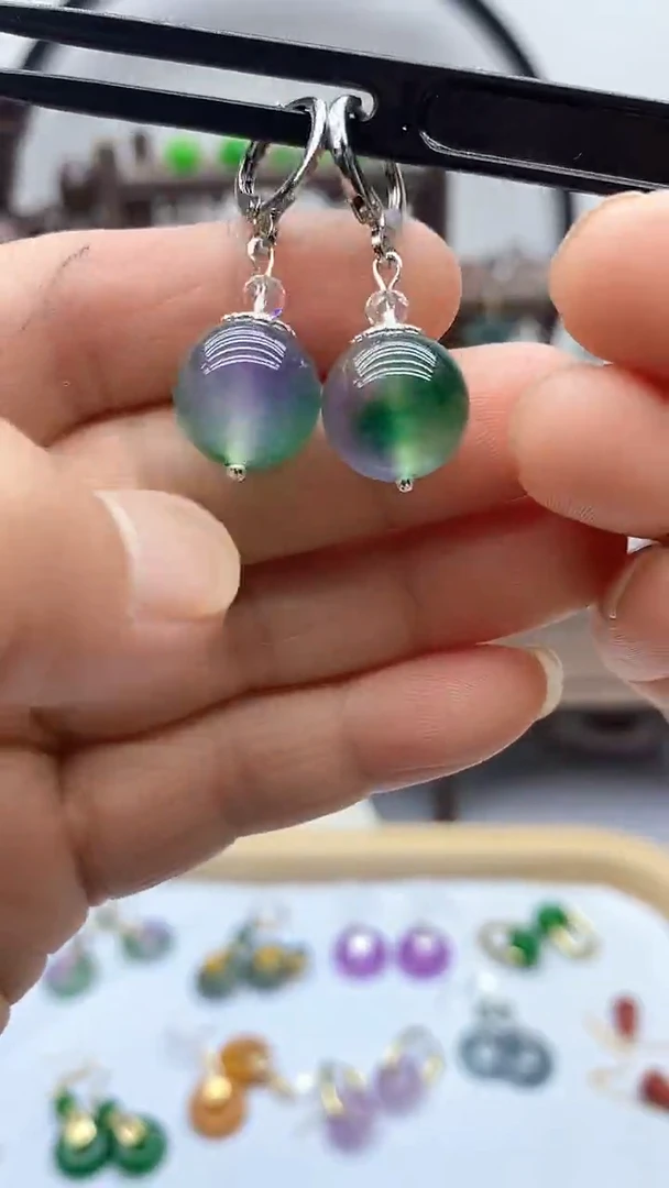 石英质玉（非洲翠）银S925镶嵌耳饰137