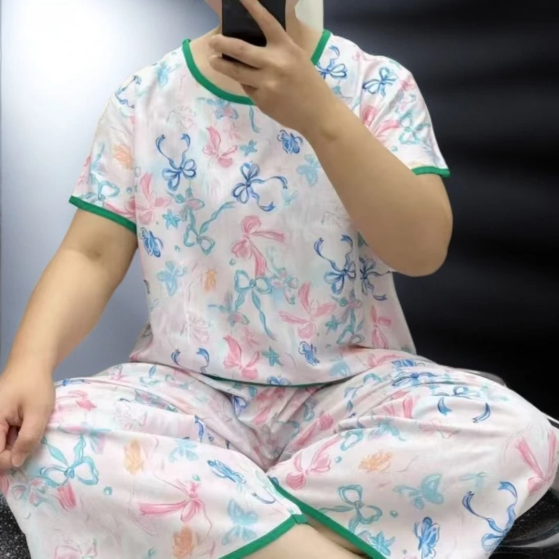 女夏季奶奶装睡衣夏天休闲宽松大码透气棉绸七分裤棉绸睡衣家居服