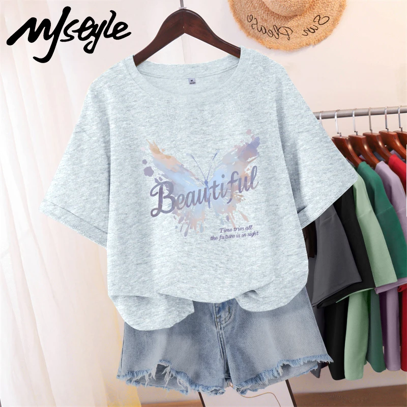 MJSTYLE纯棉印花短袖t恤女2024新款夏季小众宽松打底衫美式上衣