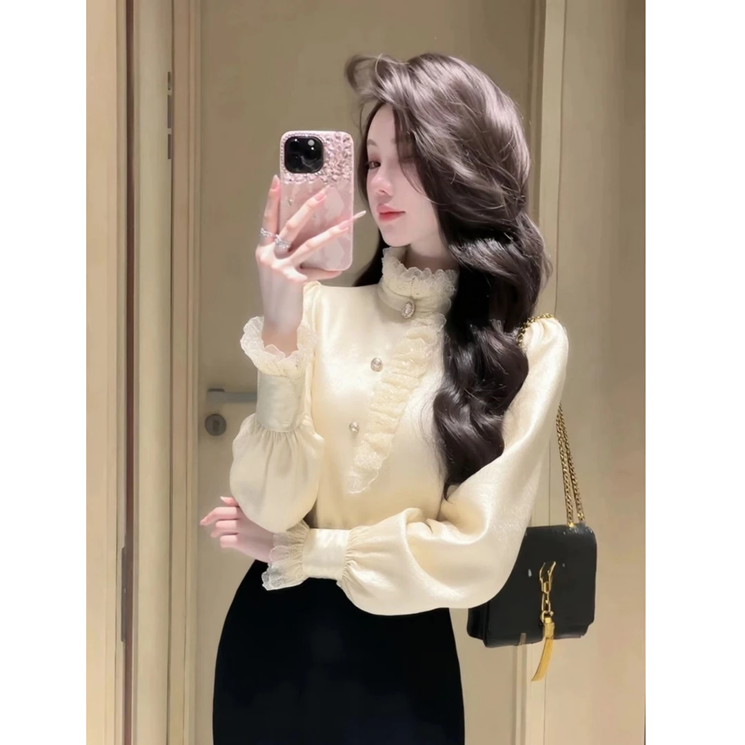 法式气质白色灯笼袖衬衫女春秋新款立领蕾丝边减龄高级感通勤上衣