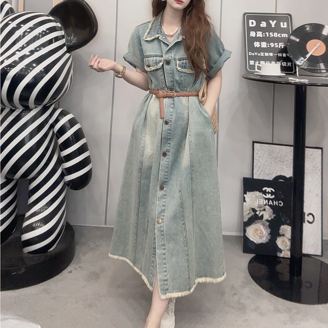 DAyu定制 复古做旧牛仔连衣裙宽松时尚显瘦休闲减龄长款直筒裙子