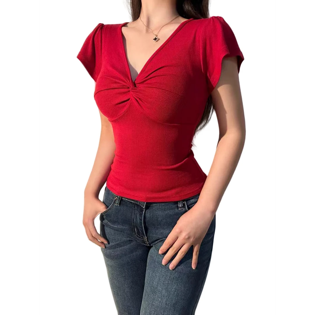 猪猪头家纯欲风交叉扭结短袖T恤女2025夏季新款性感V领上衣