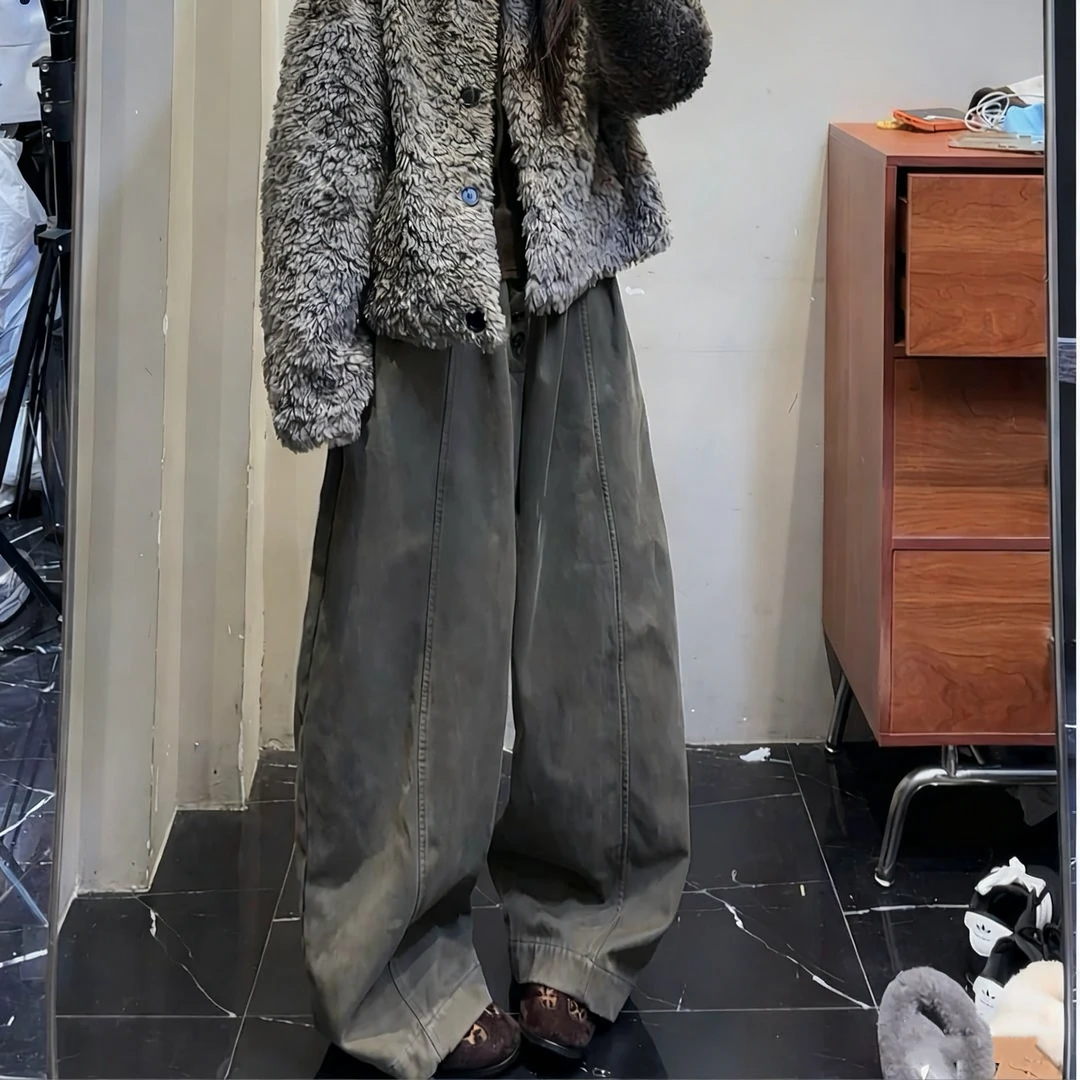 【暖绒垂阔】冬季新款美式复古牛奶丝加厚抓绒宽松阔腿裤