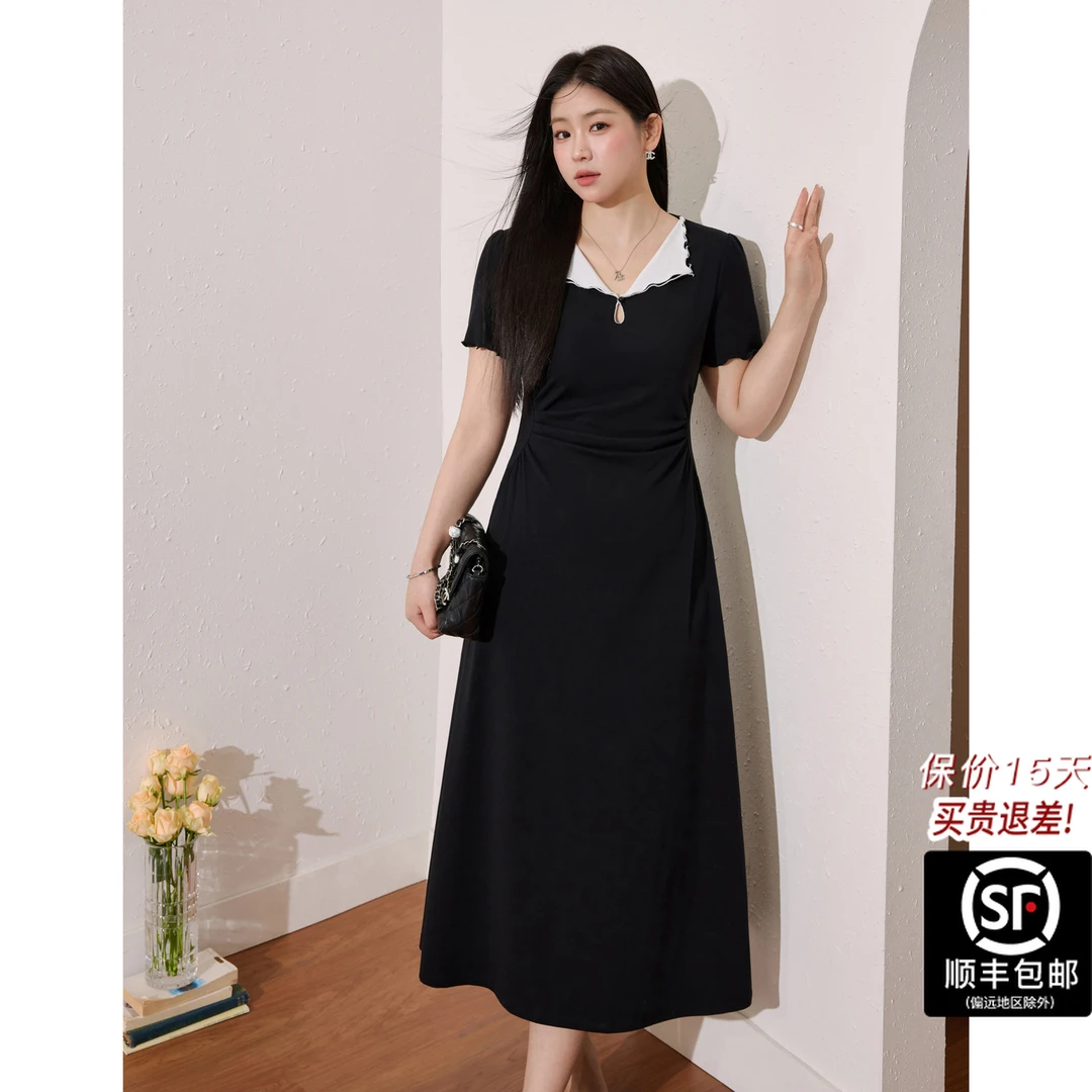 大码女装法式赫本风V领a字小黑裙夏收腰巨显瘦连衣秋冬服装