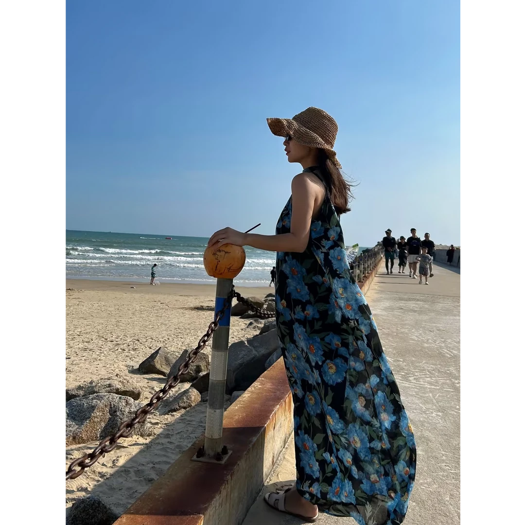 高级感法式茶歇碎花裙子女吊带裙2025夏季连衣裙海边度假长裙021