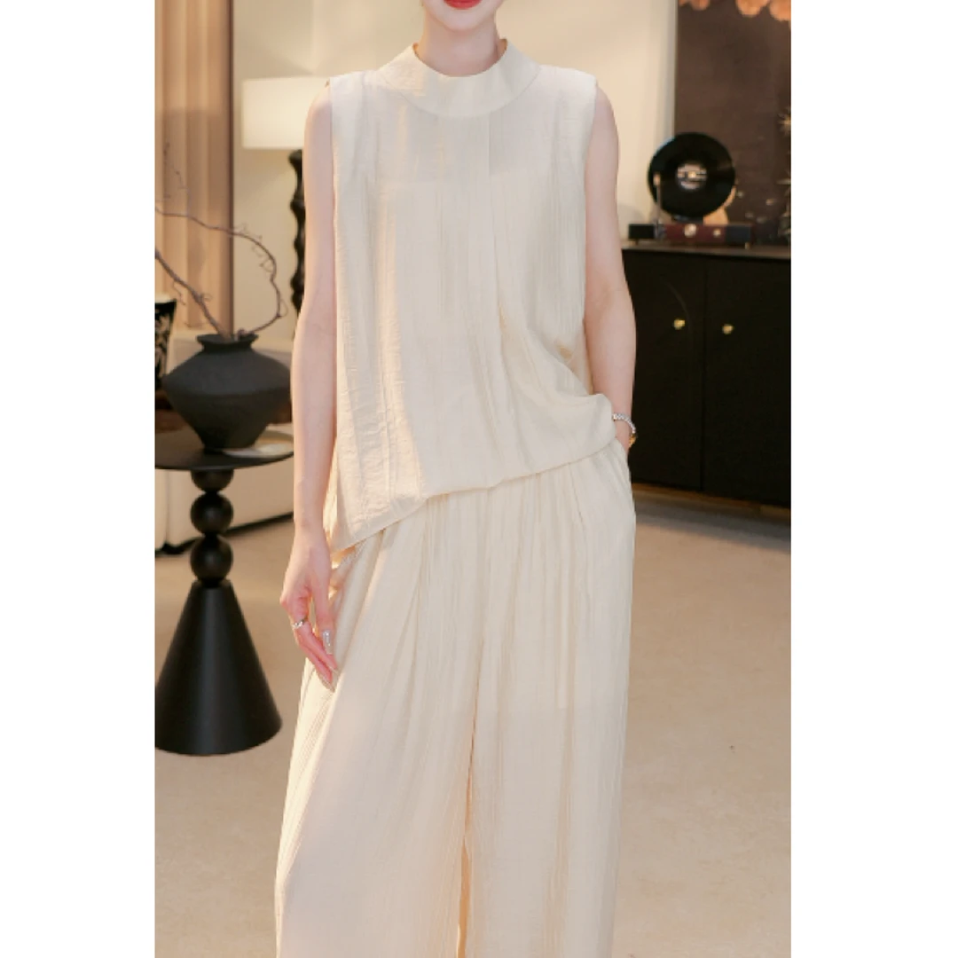 老钱风慵懒随意感立领无袖背心+松紧腰长裤套装240204