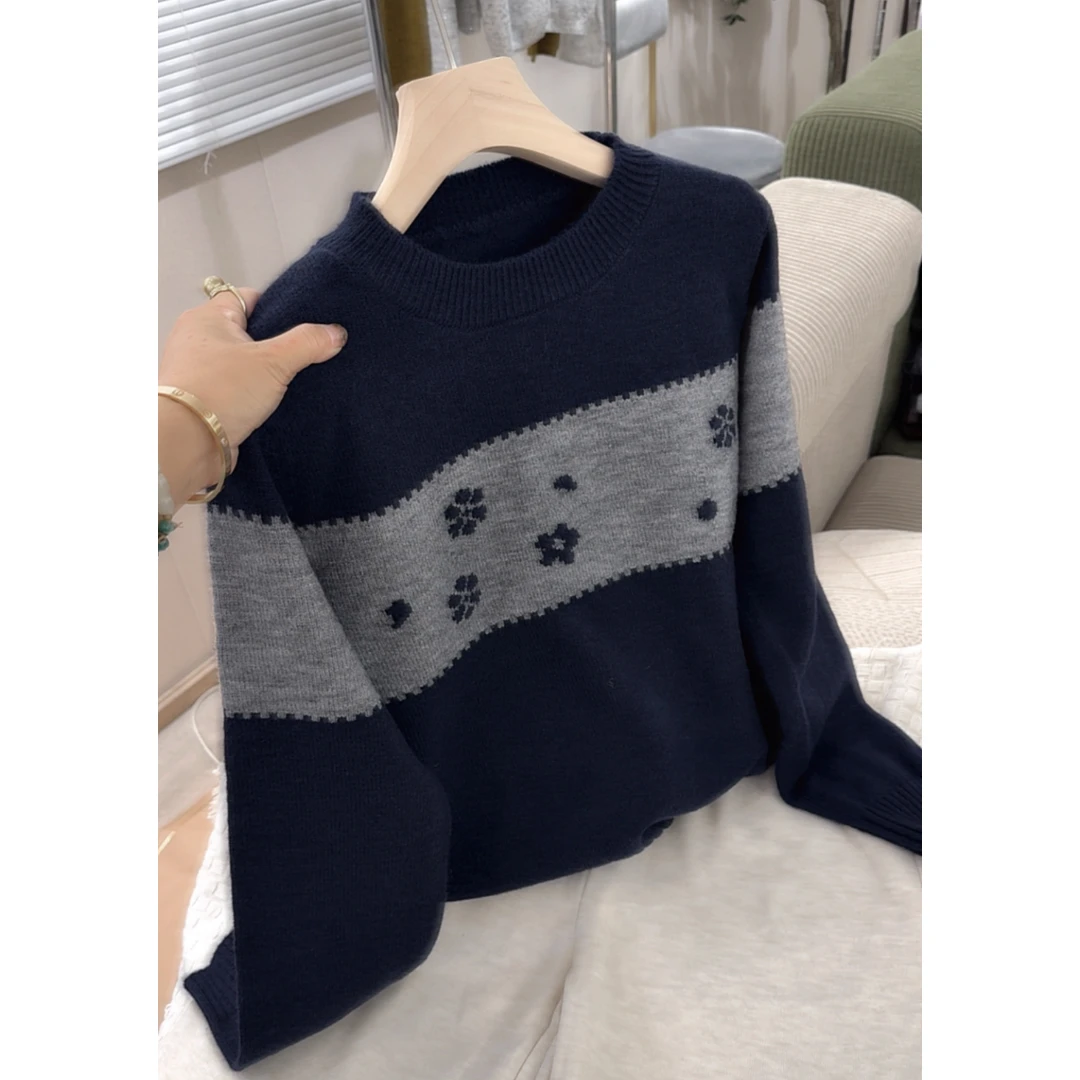 3451【圆领拼色提花毛衣】秋冬新款女士韩版宽松慵懒针织上衣