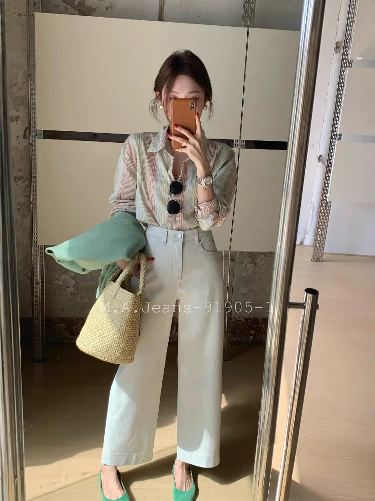 MA牛仔裤女春款剪标灰白色九分阔腿裤四面弹休闲奶奶裤91905-1