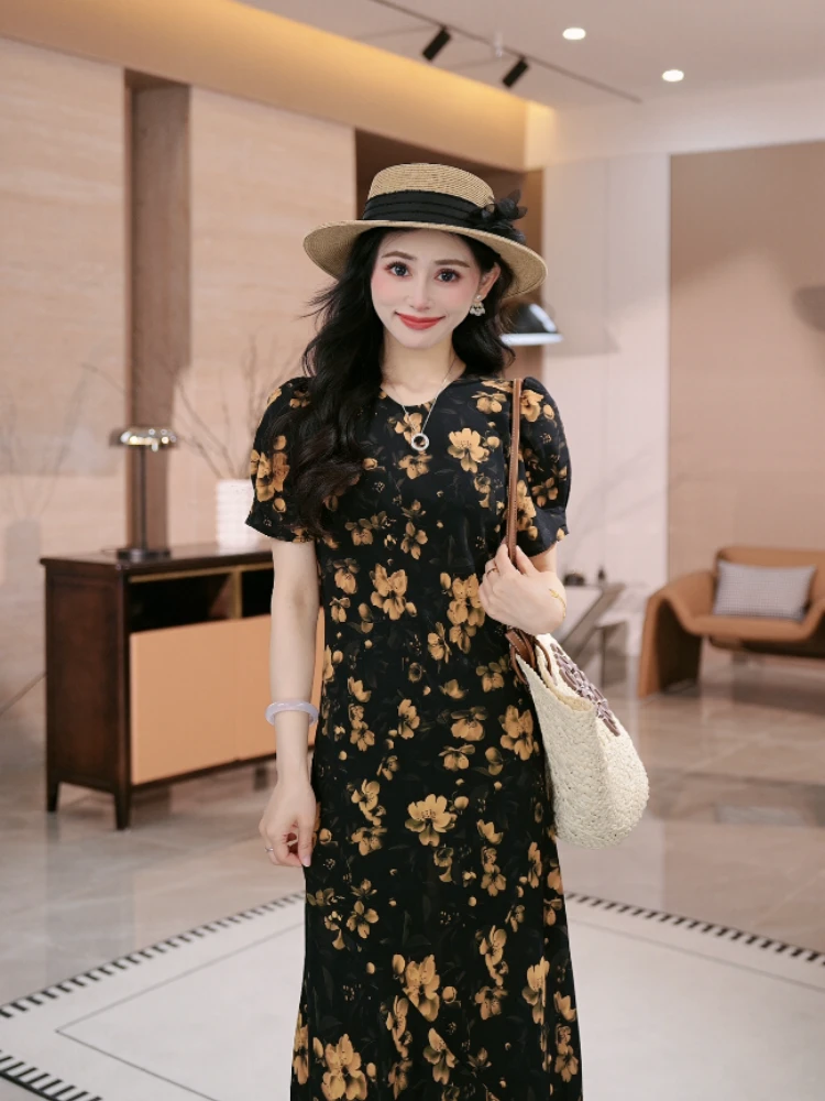 【玫瑰的故事】45度斜裁油画晕染连衣裙女夏度假长裙-Z2514