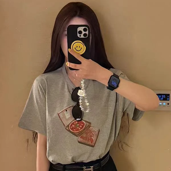 夏季衣服女2025新款爆款上衣时尚显瘦减龄花灰色印花圆领短袖T恤