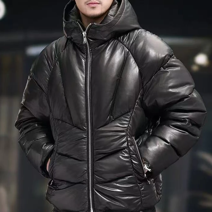 男士短款头层山羊皮羽绒连帽加厚重磅防寒外套