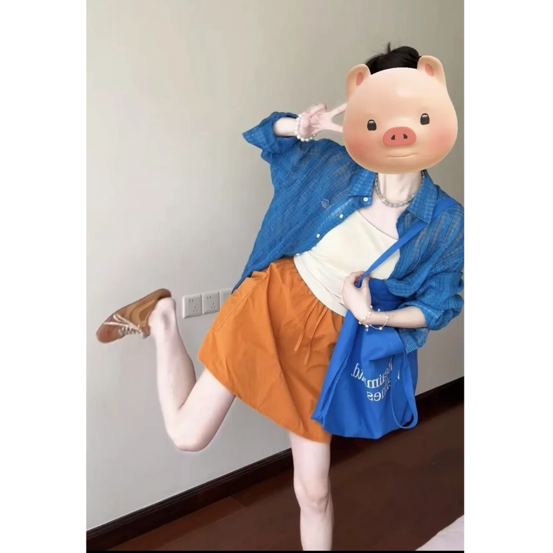 2025早秋新款时尚穿搭女装韩系格子长袖衬衫显瘦吊带半身裙三件套
