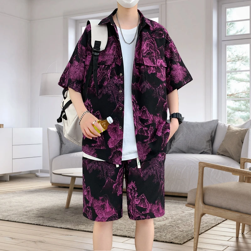 高级感痞帅花衬衫短裤套装男士夏季潮牌水墨扎染冰丝衬衣薄款套装