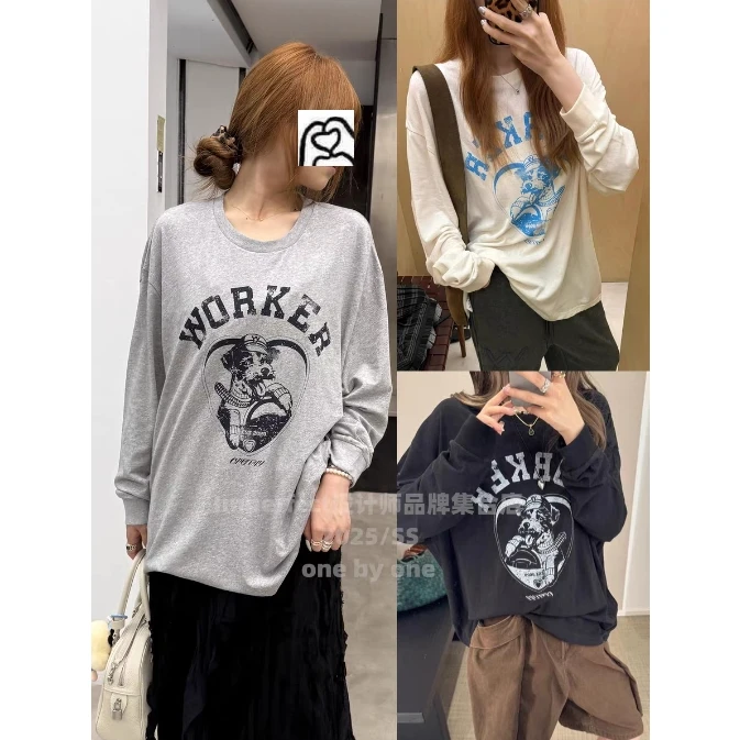 早秋莱赛尔天丝雪花棉韩系慵懒风狗狗印花字母宽松圆领罩衫8377