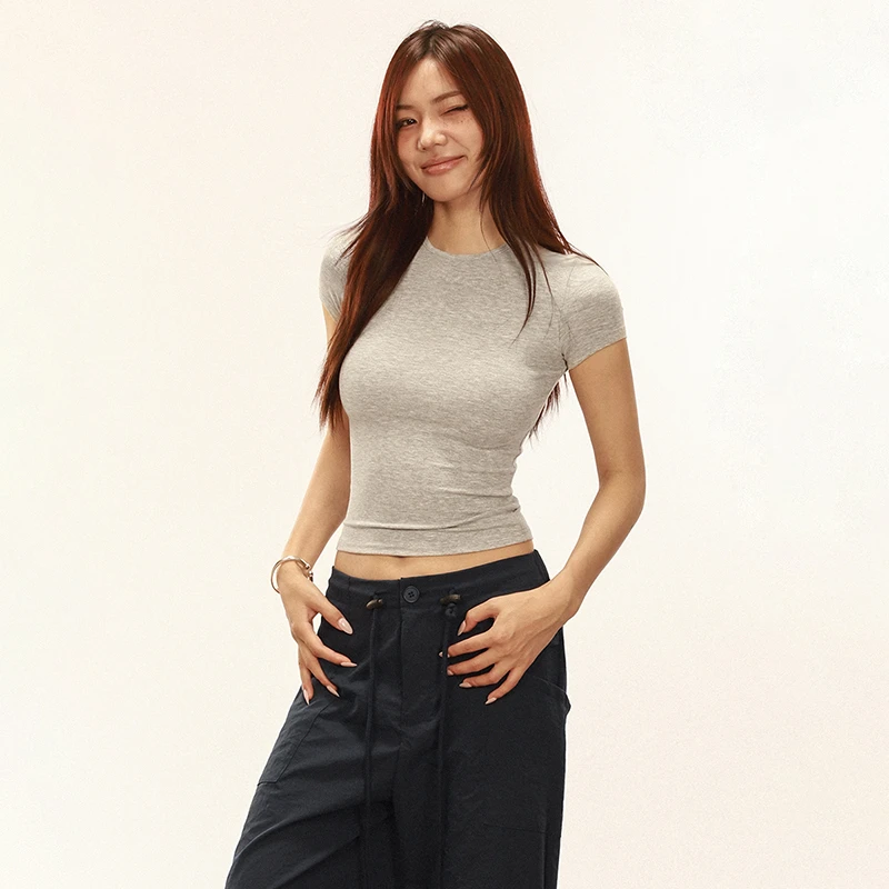 ROMORE 美式复古短款修身短袖t恤女2025夏季新款基础百搭显瘦上衣